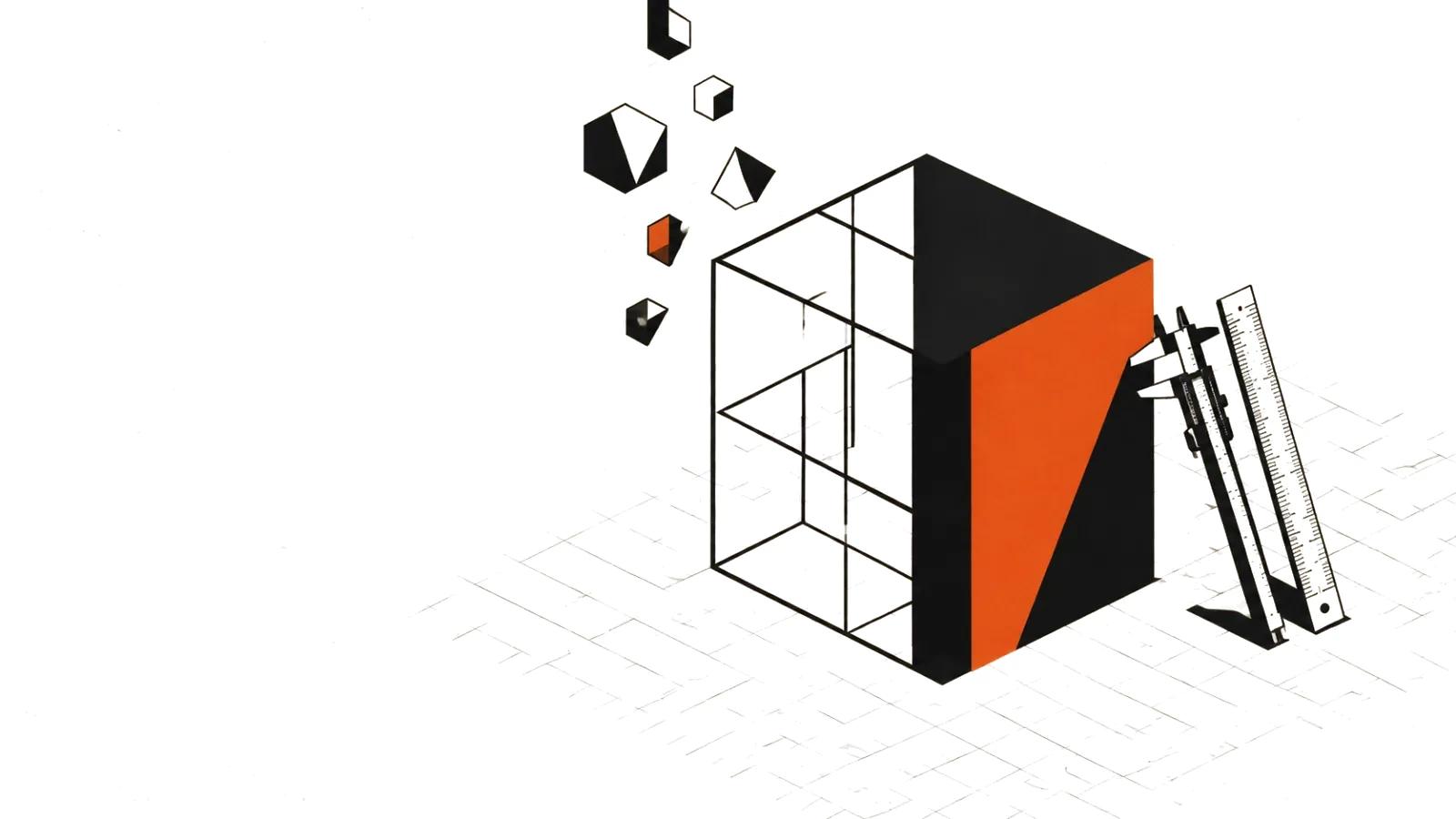 Custom 3D animation: a wireframe cube resolving into a precise solid model with drafting tools