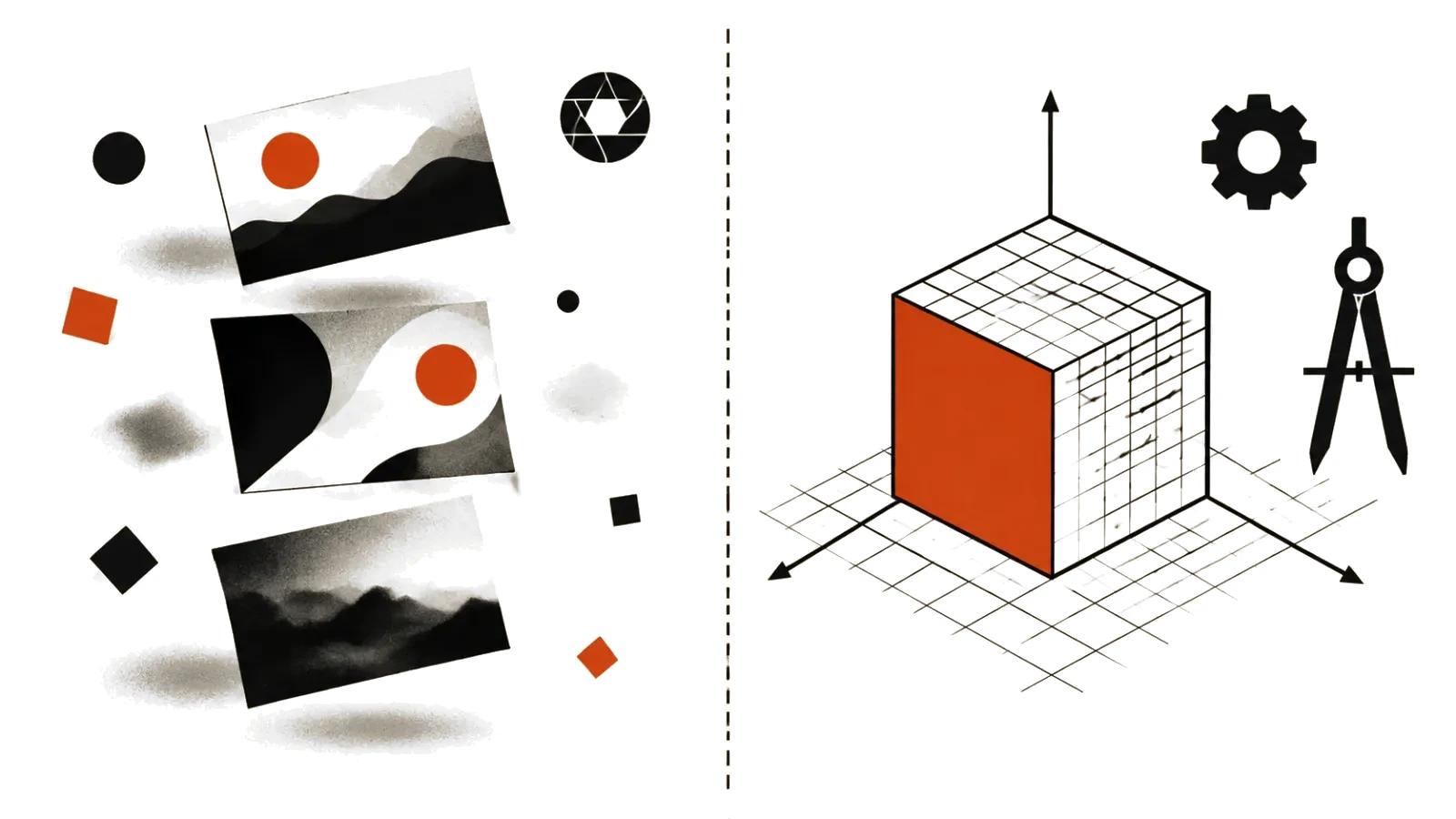 Diagram: generation gives volumetric imagery while exact geometry needs a 3D model and axes
