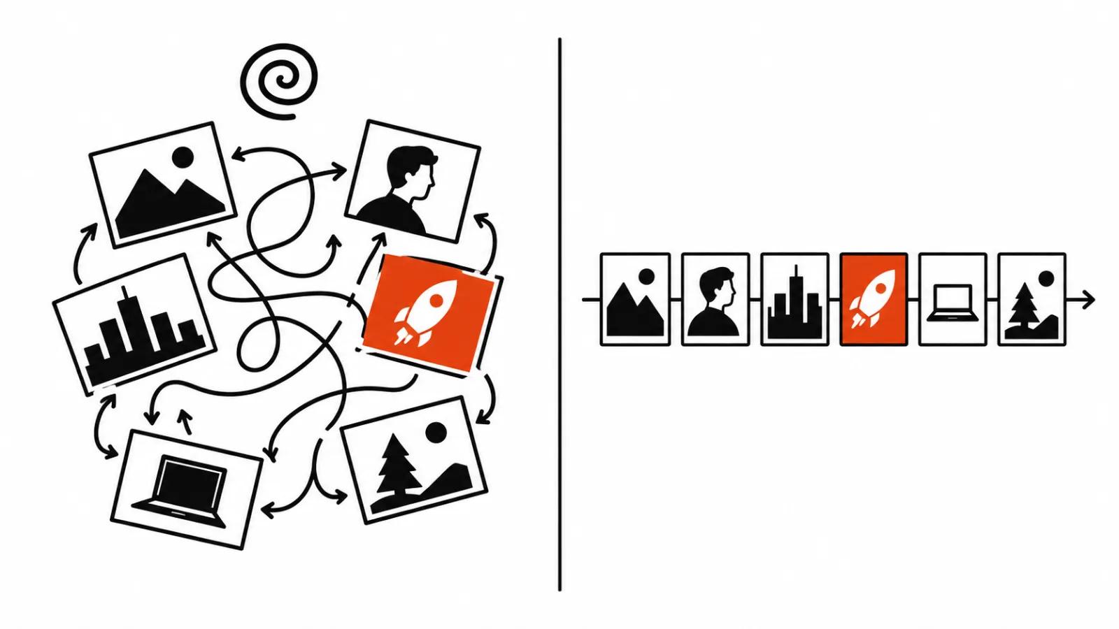 Scattered scene cards with tangled arrows on the left, the same cards in a clean ordered row on the right