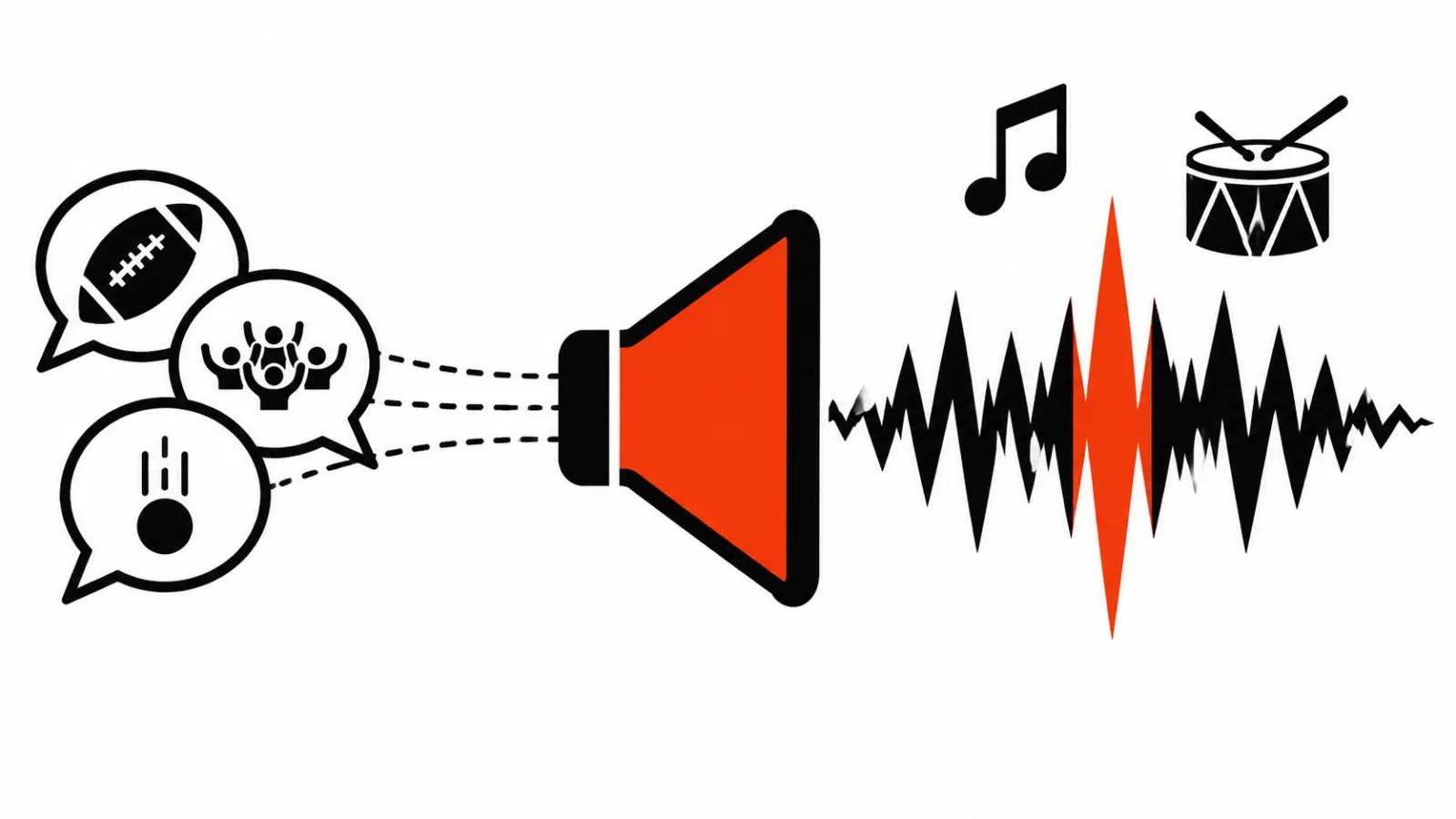 Three prompt bubbles merge into a loudspeaker that bursts out an orange sound wave