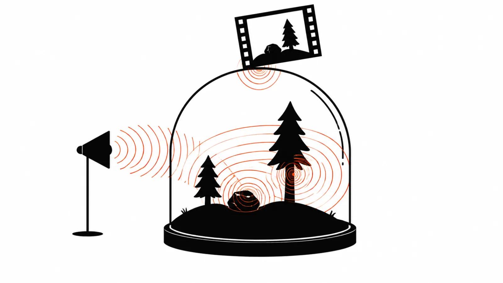 A glass dome world with sound rings radiating from objects inside: sound as a property of the world