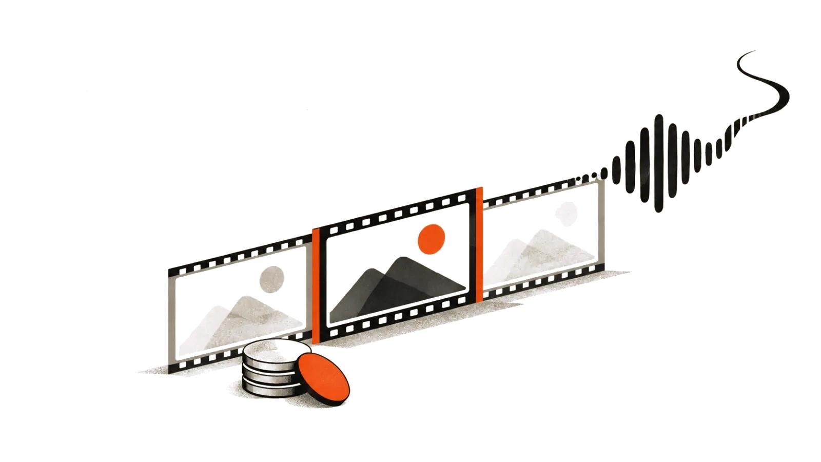A short film strip, a stack of tokens and a sound wave: 2K clips with audio paid in credits