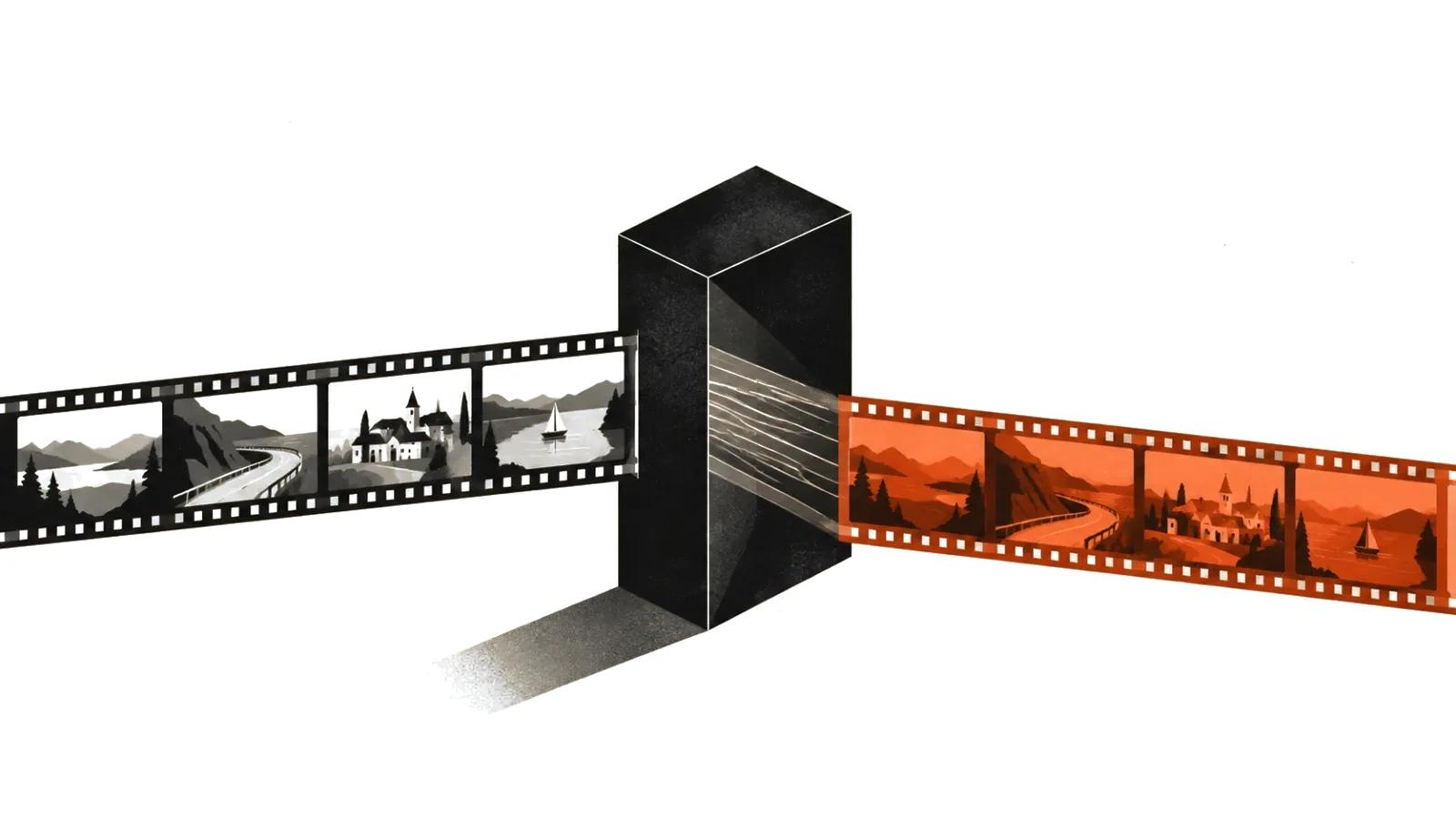 A film strip passes through a prism and emerges restyled: video to video