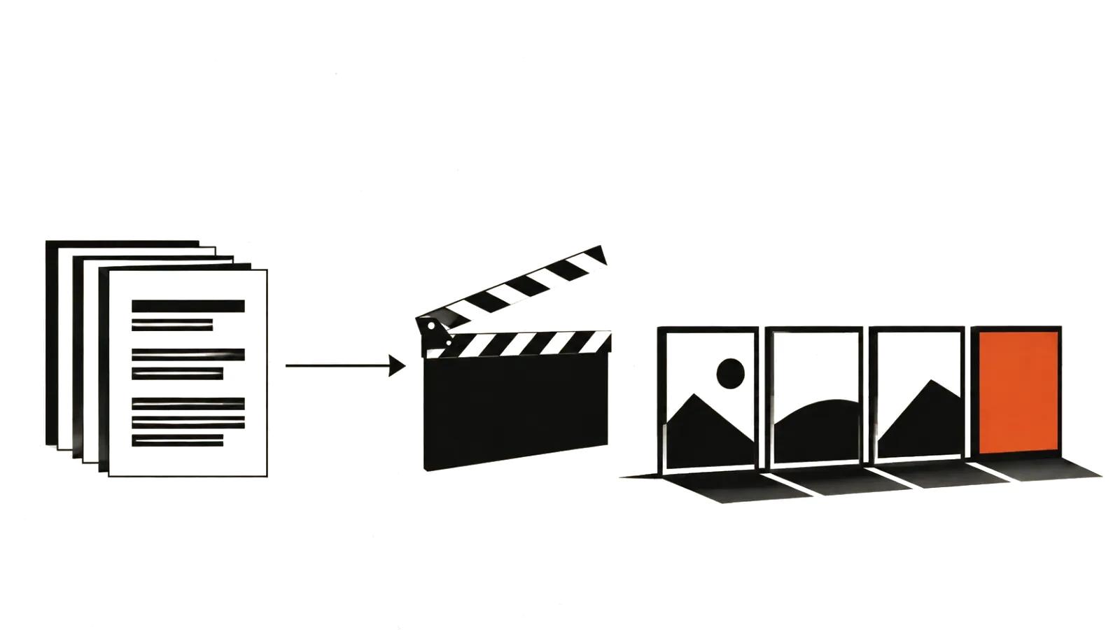 Scripted AI video: sheets of text turn into a four-shot storyboard