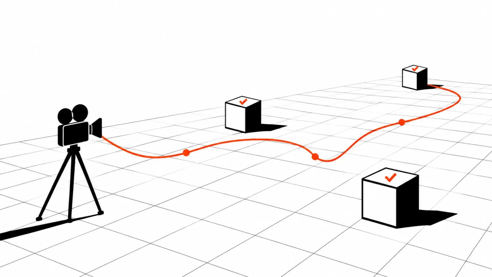 A camera on a set path over a grid with objects: camera control and object counts in AI video