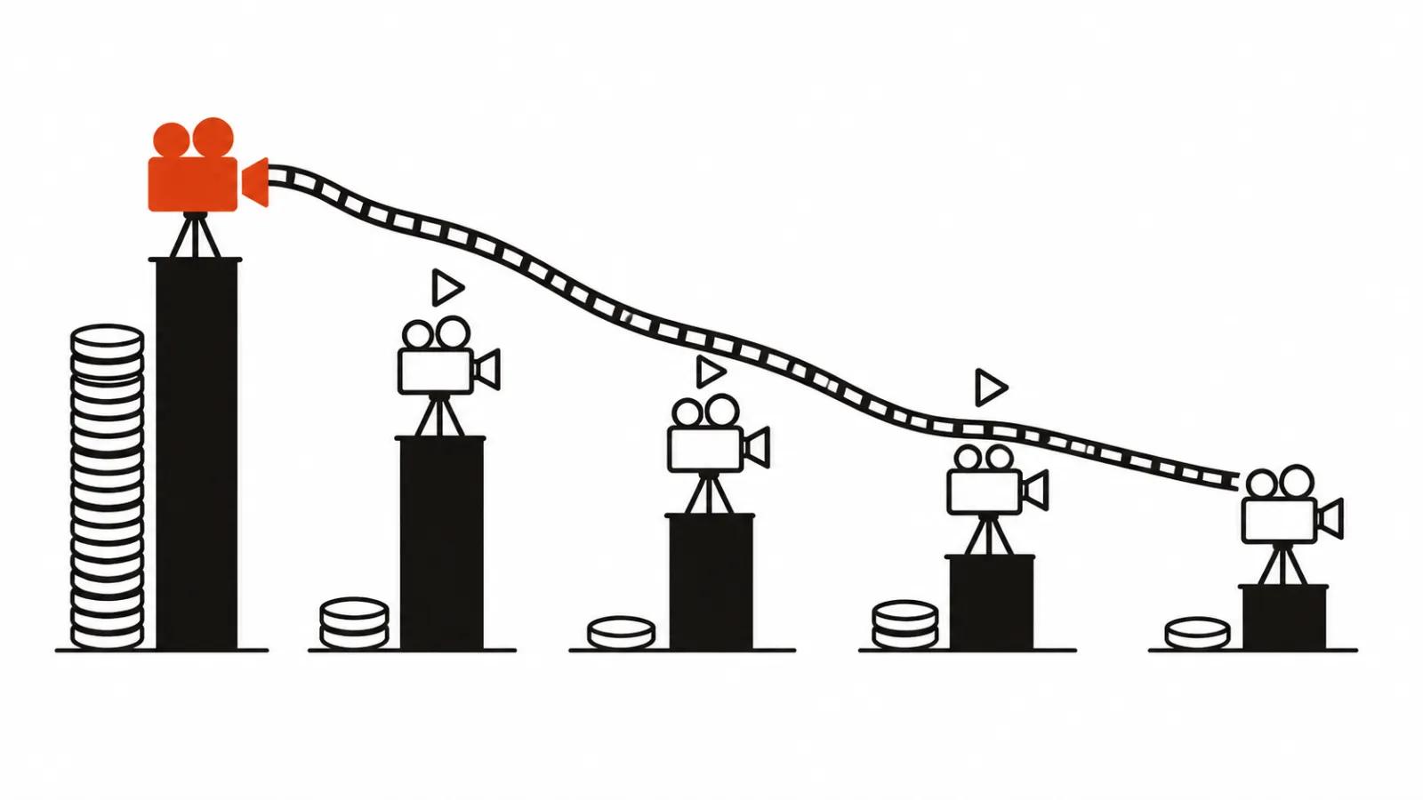 Five video cameras on plinths of different heights with coin stacks: ranking of Chinese video models