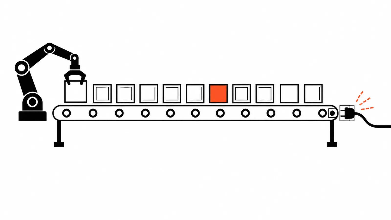 A conveyor of film frames with a cable plugging into the belt: the model as a production part