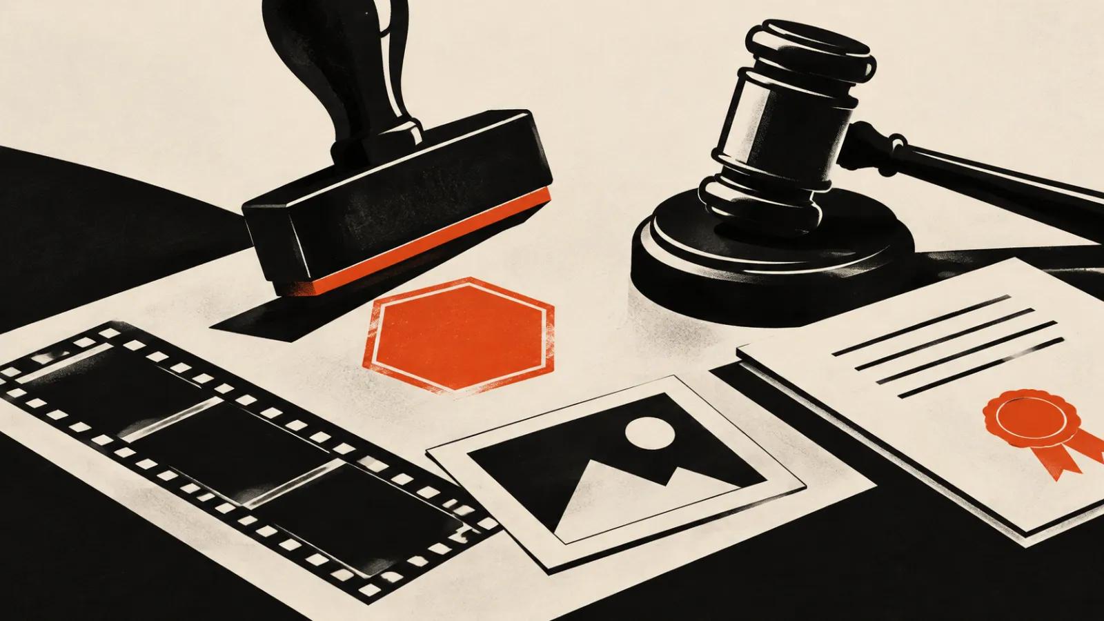 AI content labeling: a service mark stamped onto a video frame like a seal on a document