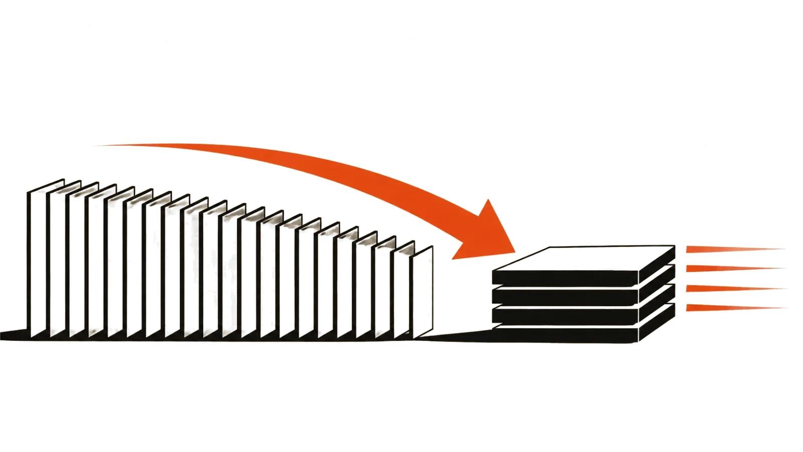A long staircase of frames compresses into four thick frames: rendering in four steps