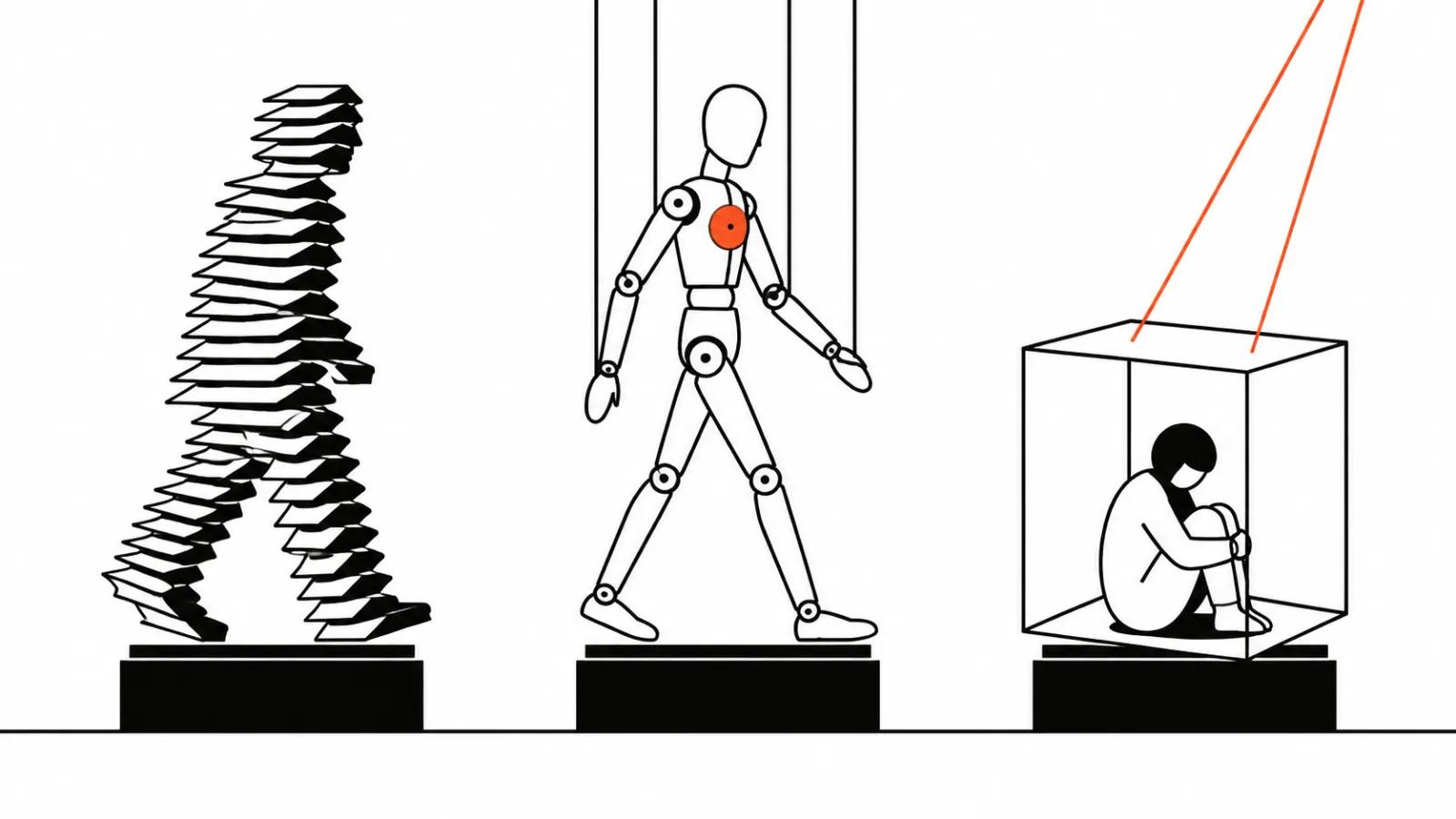 Three animation techniques side by side: cutout layers, jointed puppet, 3D wireframe