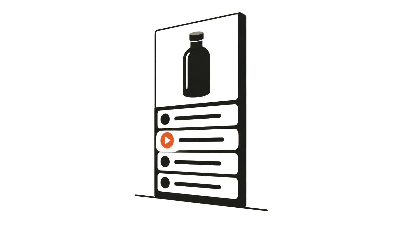 A product page on a shelf with stacked modules below the photo and a play triangle in one module
