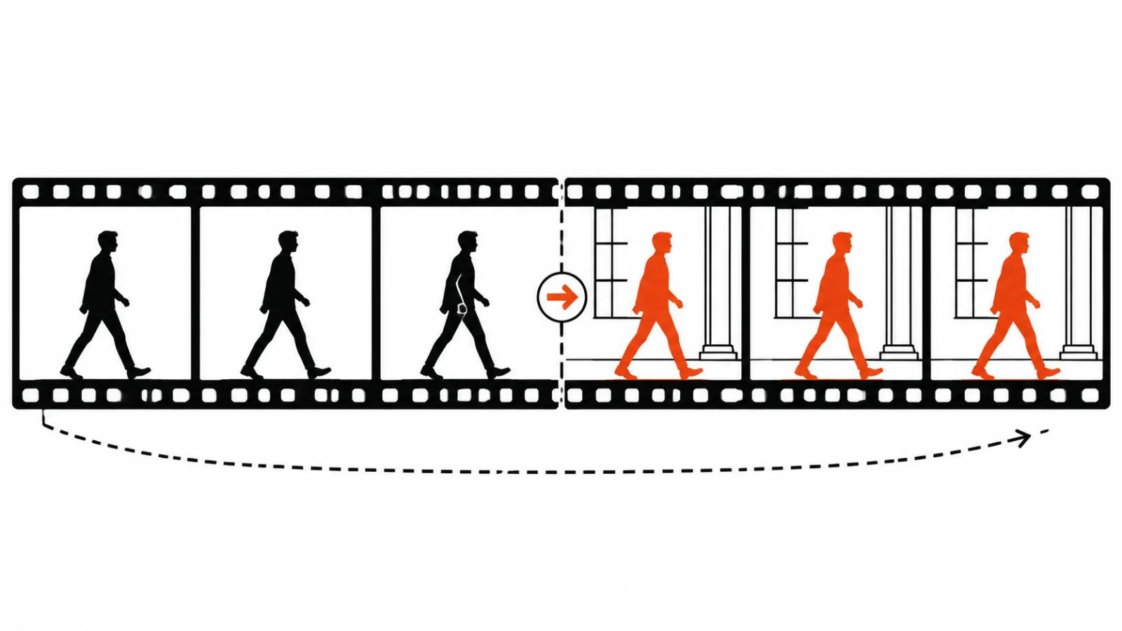 A film strip keeps one walking stride while the right-hand frames swap in an orange figure and a new set