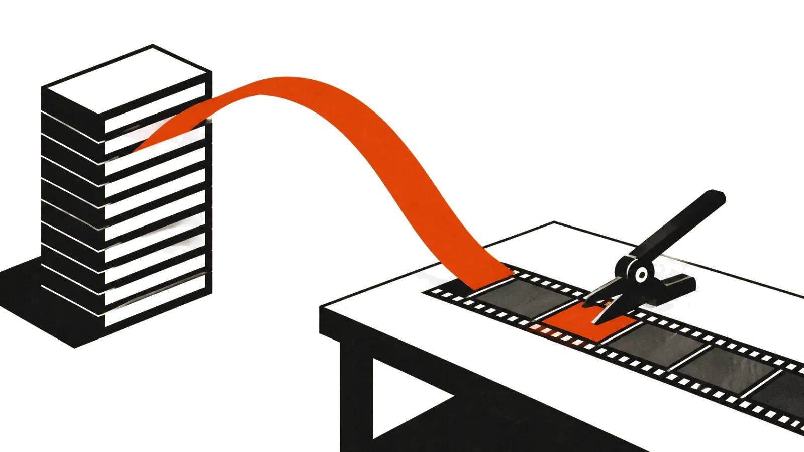 Budget leaves a platform block and turns into a strip of film frames on an editing desk
