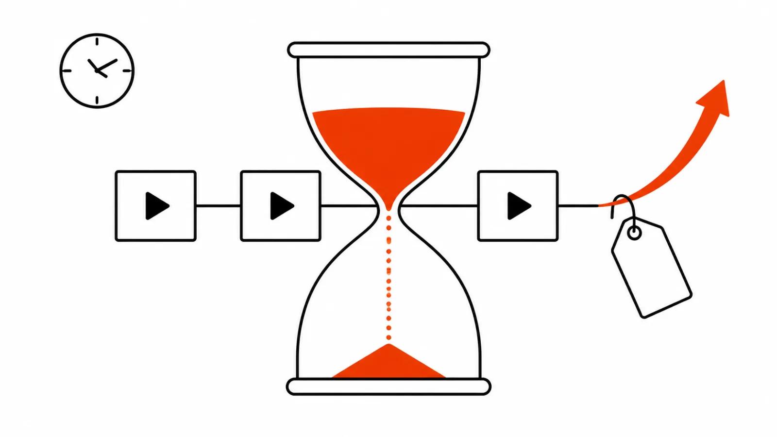 An hourglass over a strip of video frames and a price tag with a rising arrow: the video generation discount expires