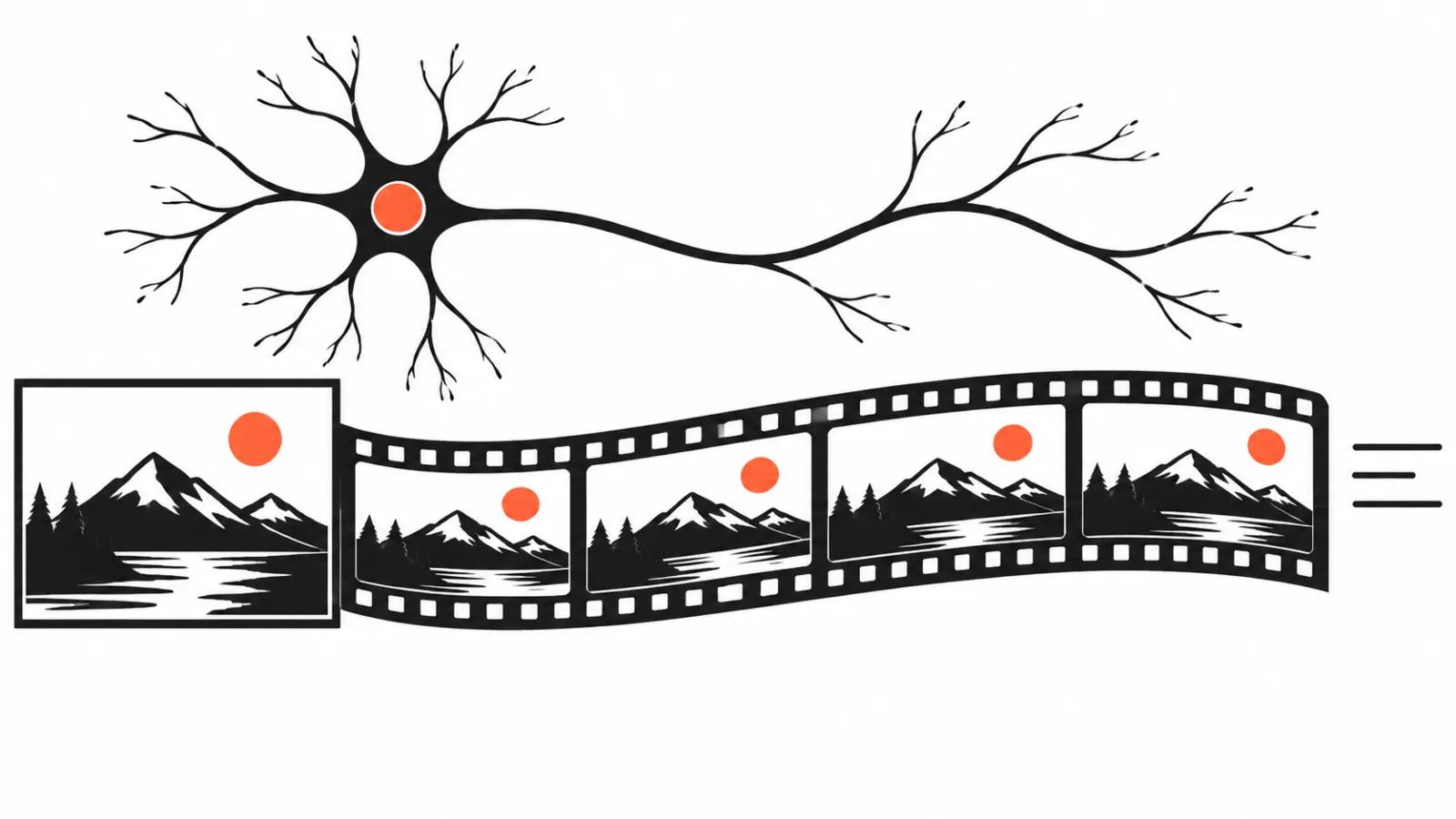 A framed landscape photo unspools into a film strip while a branching neuron arcs above it