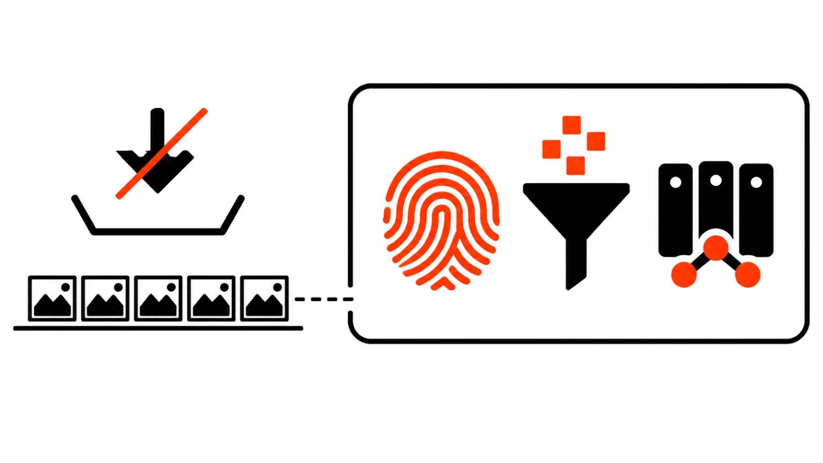 A walled platform with fingerprint and filter funnel; download arrow to the timeline is crossed out
