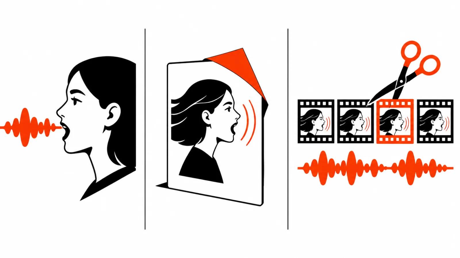 Three panels: avatar synced to a voice, a photo brought to life, footage cut to the voice