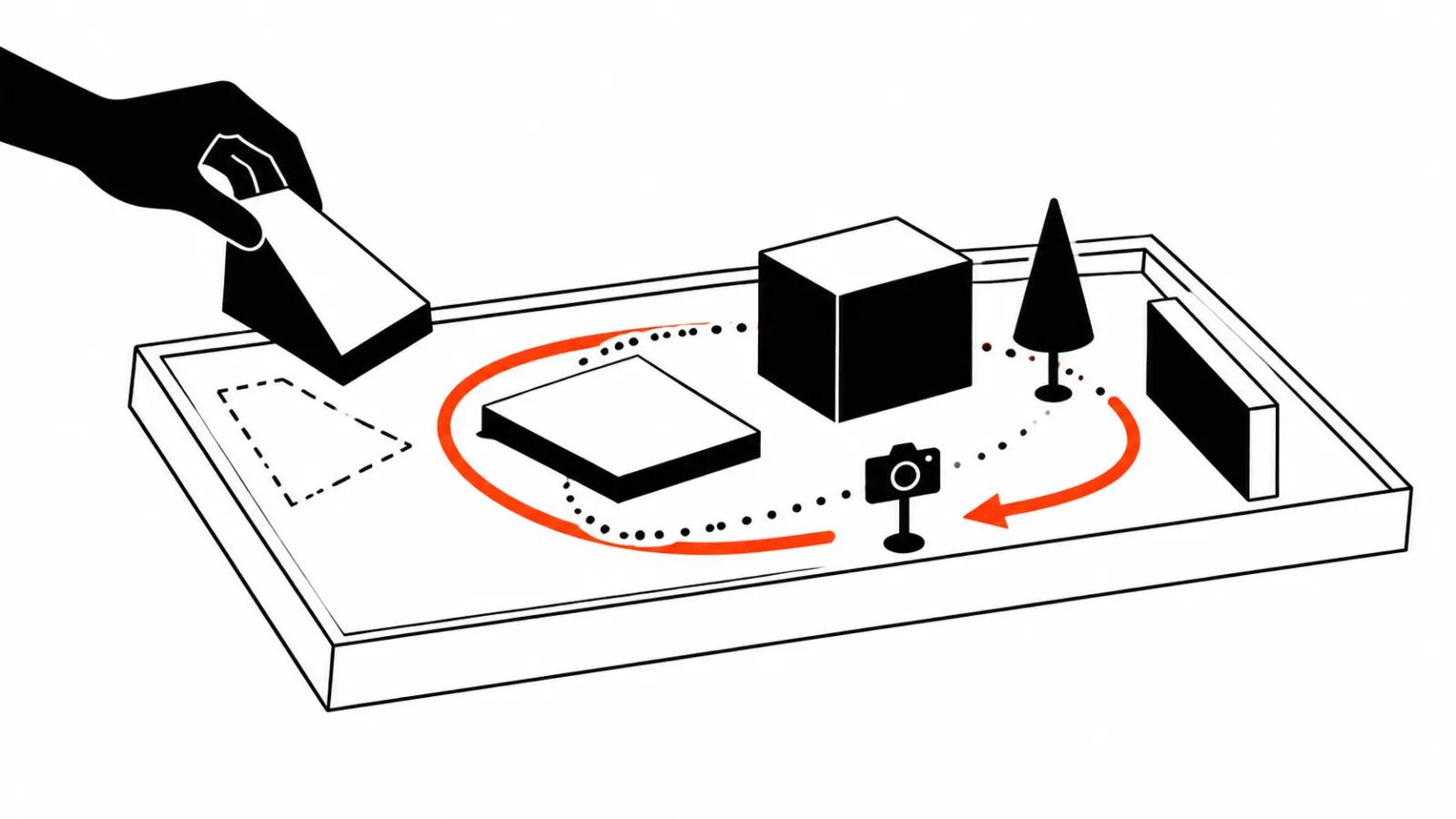 A miniature world in a tray: a camera follows an orange path while slabs are added and remembered