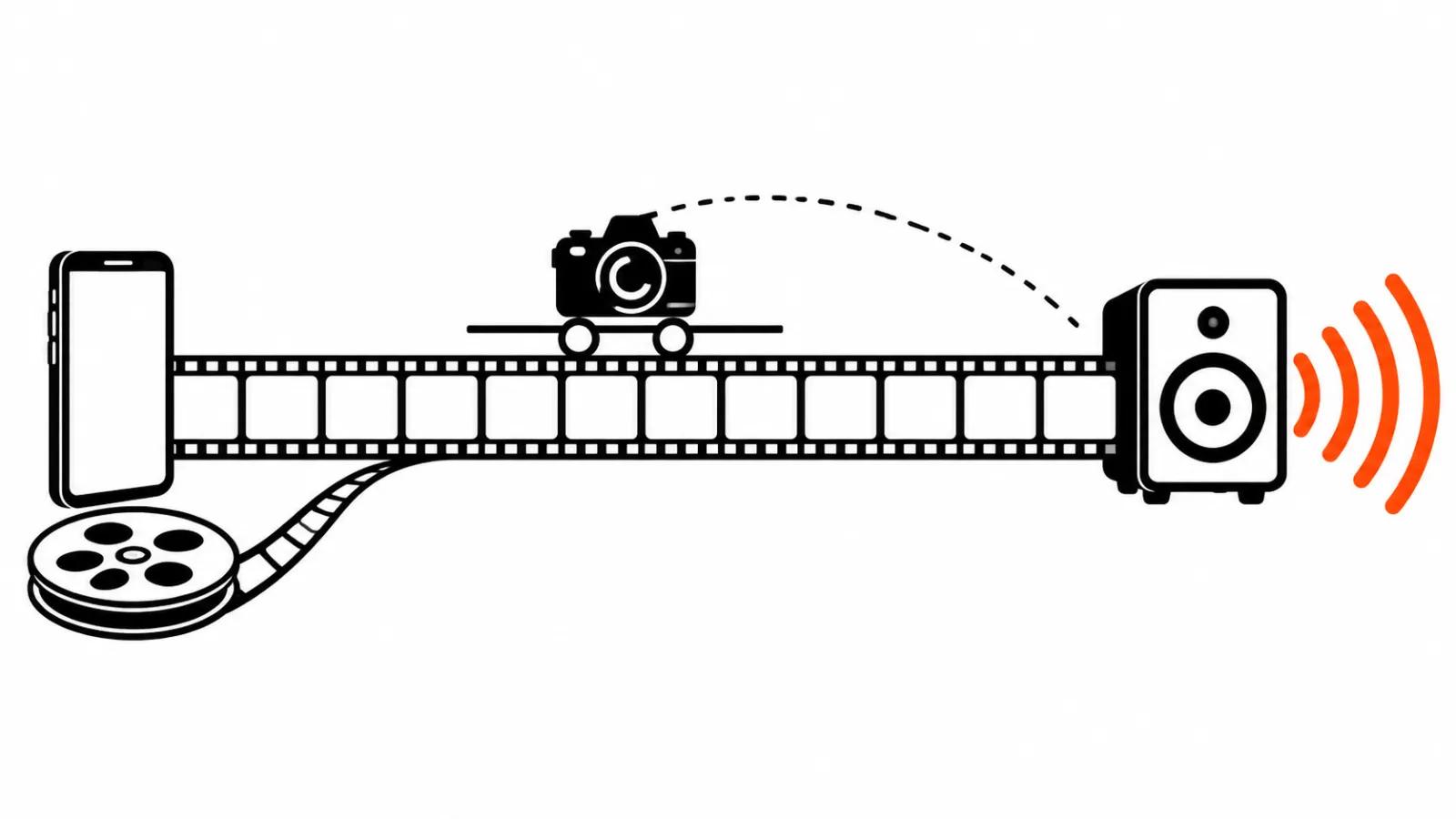 A film strip runs from a phone through a camera on rails into a monitor with sound waves