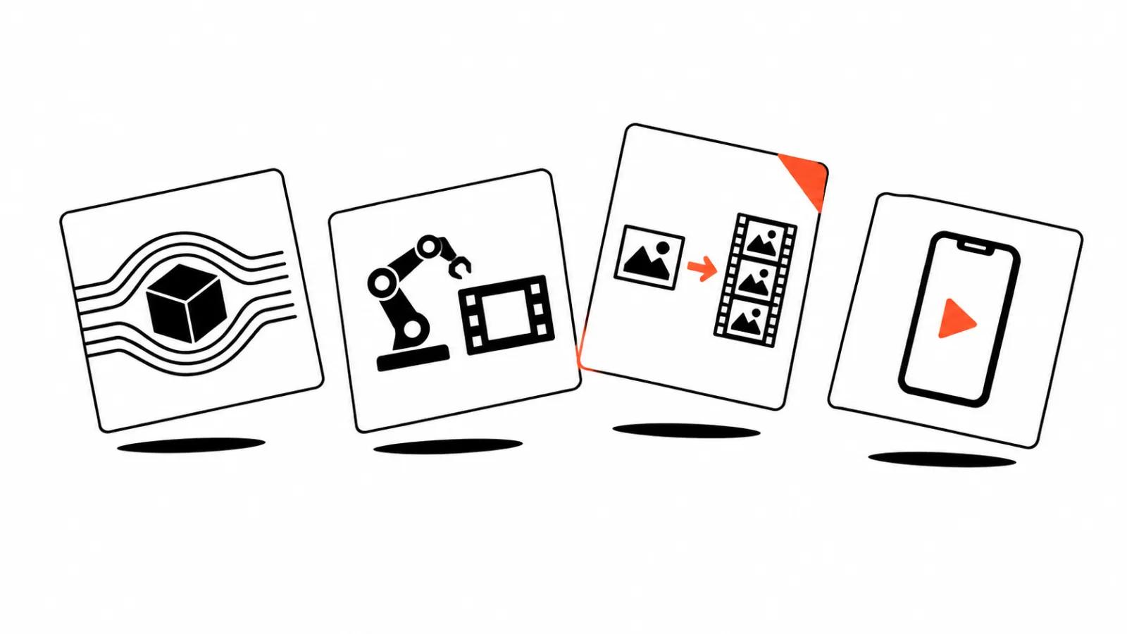 Four cards with pictograms: object in a stream, robot, photo into video, phone
