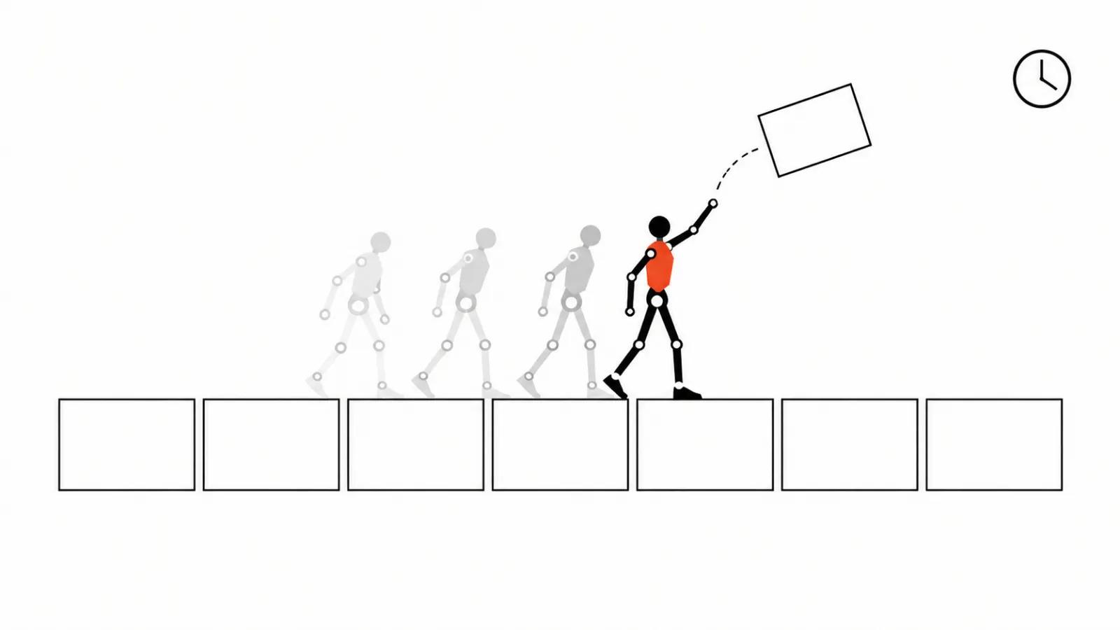 A paper-cut character with visible rig bones walks along a storyboard strip, one frame lifted above the row