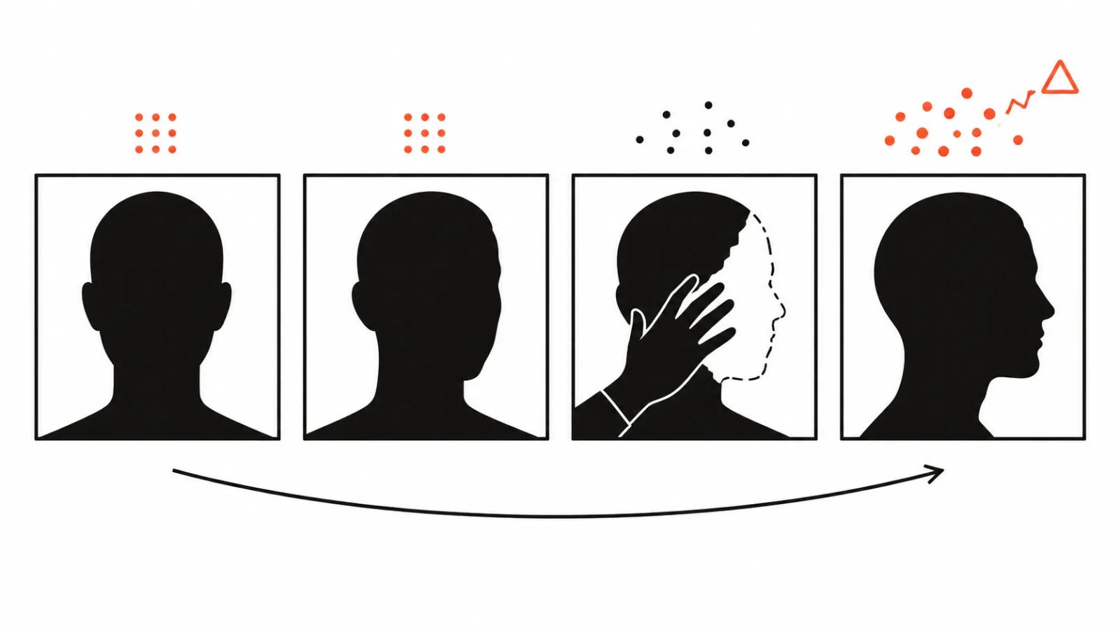 Four frames of a head turning: tracking dots scatter in profile while a hand tears the face mask