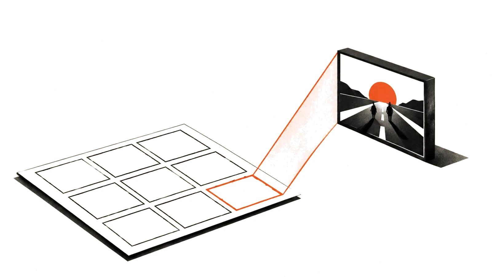 A storyboard turns into a dimensional frame: a scene born from a prompt