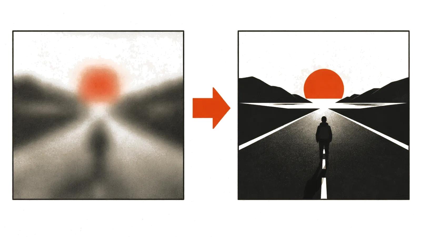 Frame before and after a prompt rewrite: a vague scene becomes specific