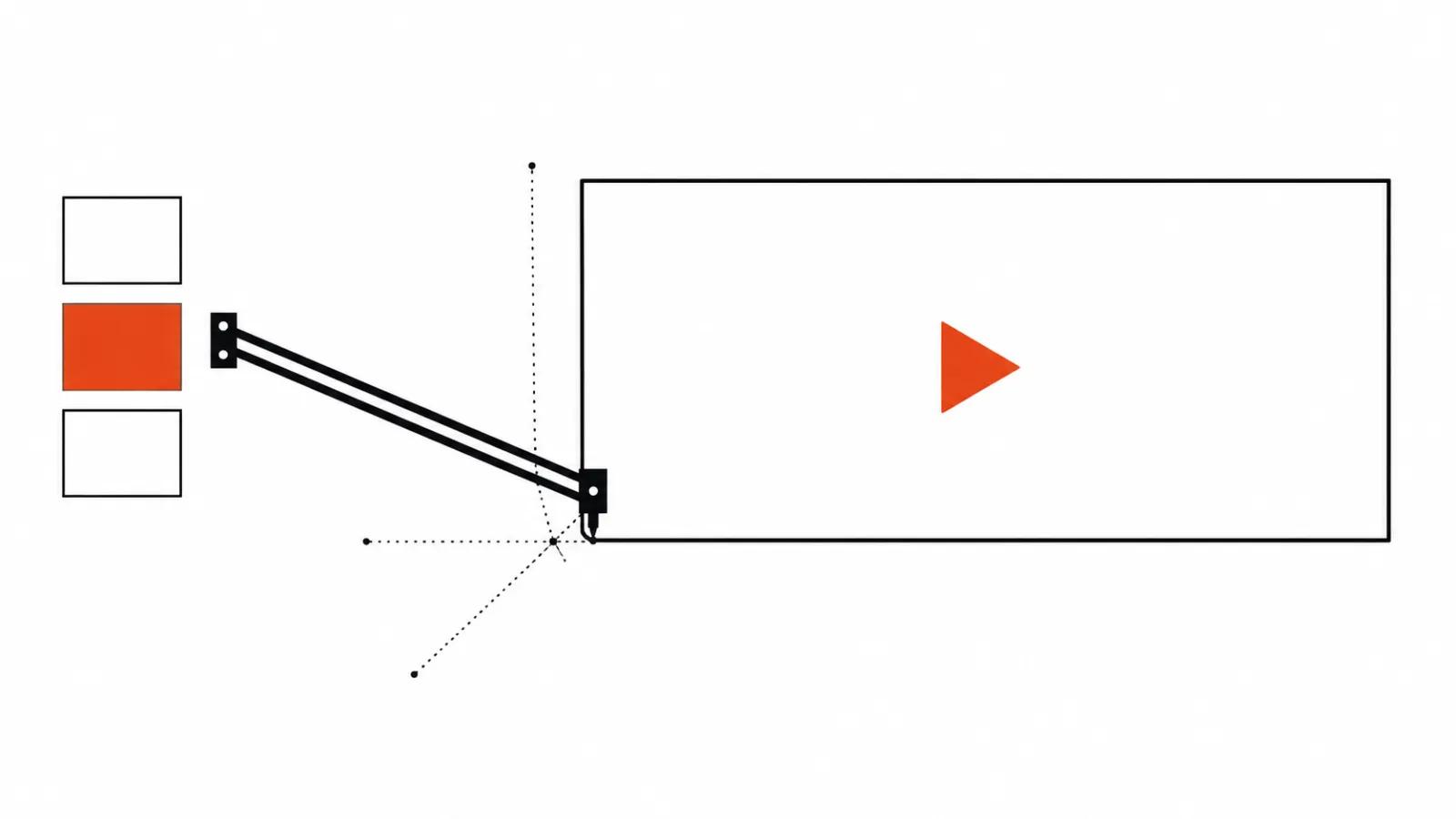 A plotter draws a video frame in thin lines, an orange play triangle inside the frame