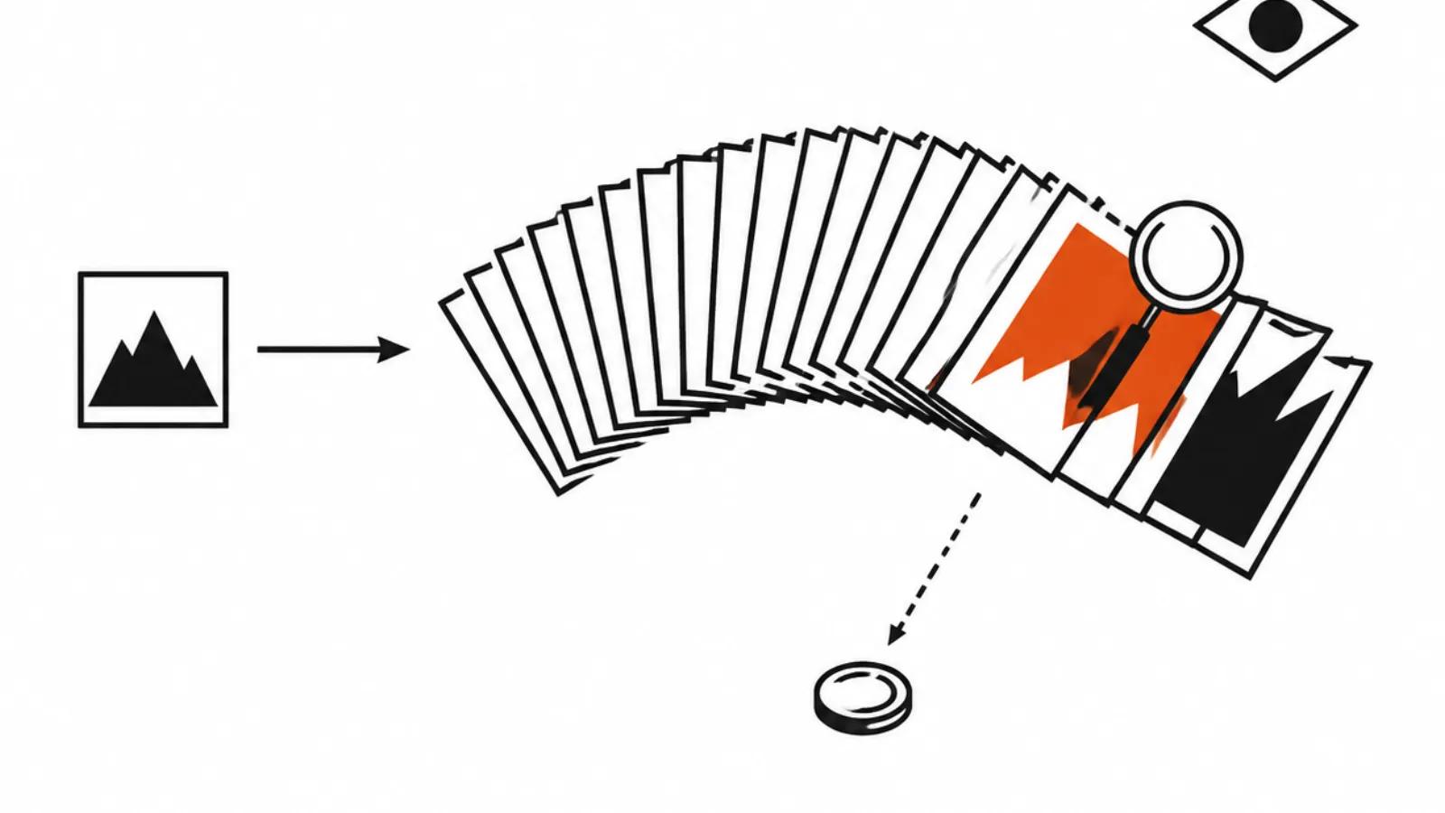 Dozens of draft frames fan out of a single photo while a magnifier selects the right one