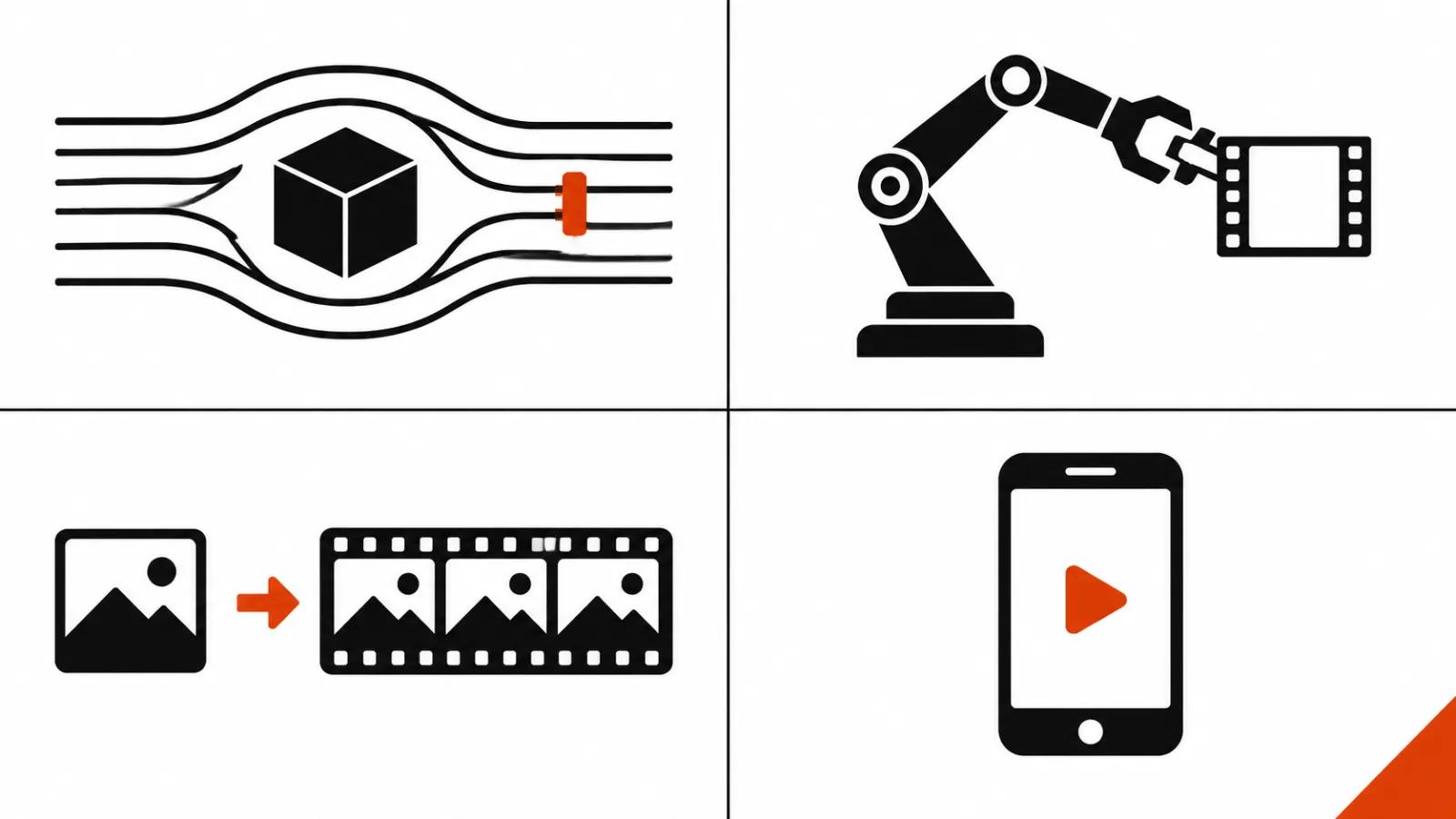 Four quadrants with pictograms of the four papers: stream, robot, photo, phone